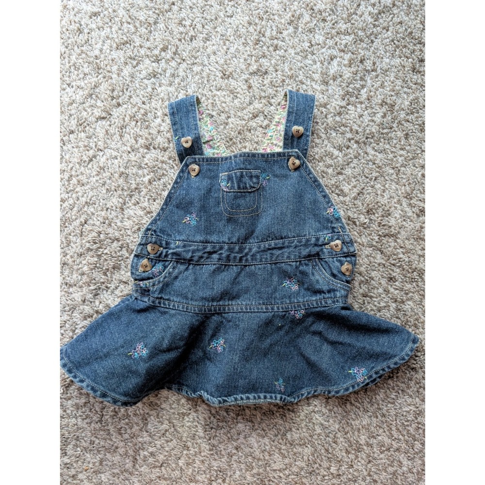 Arizona Jean Co Denim Overall Dress Baby 3-6 Months Blue Excellent Floral Y2K